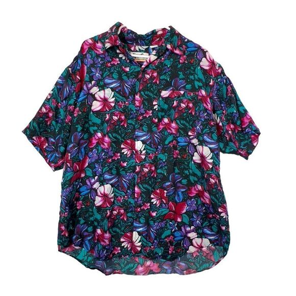 🌺100% Silk large Vintage bright floral tropical Hawaiian button down Miami vice - Picture 1 of 13